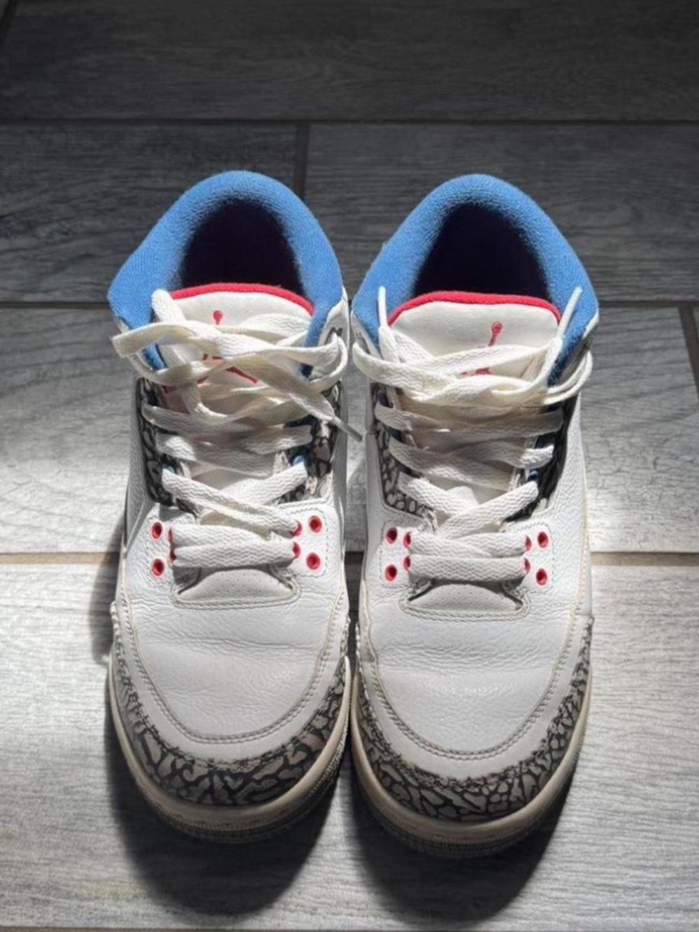 Nike Air Jordan White Sneakers with Blue Collar Red detail and Elephant Print